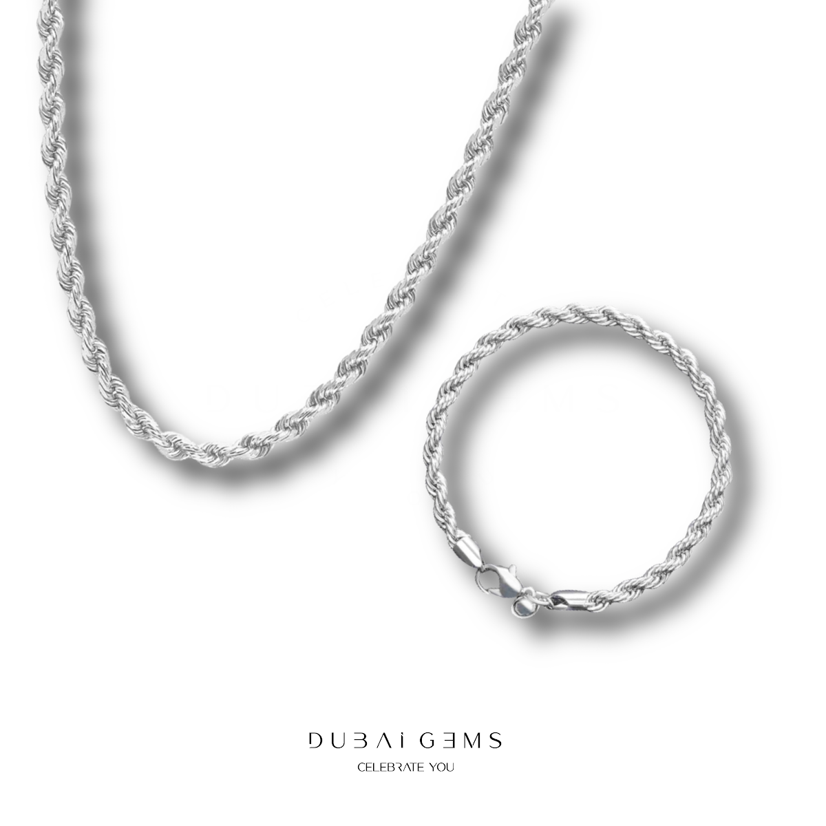 White Gold Finish Mens 24 Inch Rope Chain and Inch Rope Bracelet Set