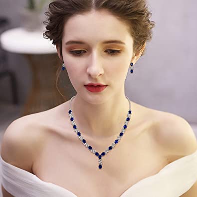 White gold finish Dorchester oval Range blue sapphire designer necklace set White gold finish Dorchester oval Range blue sapphire designer necklace set