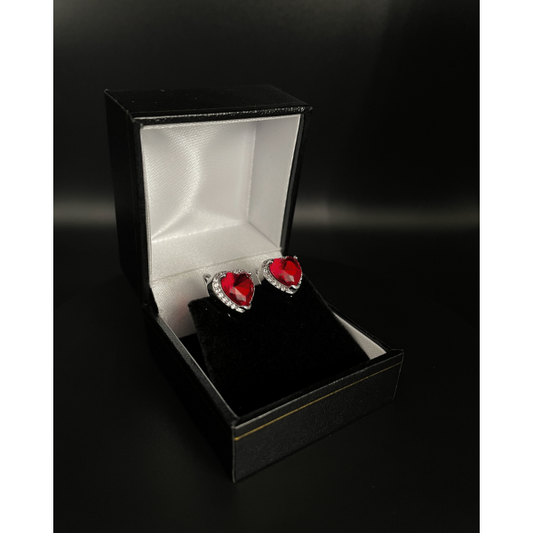 WHITE GOLD FINISH Red Ruby Created Diamond Heart Cut Droplet Earrings