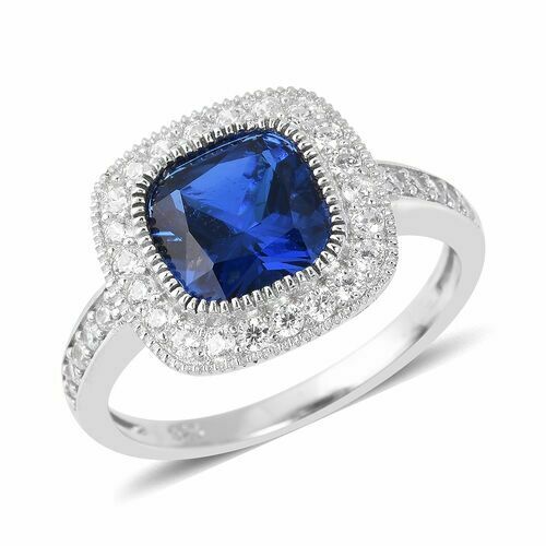 Sterling silver blue sapphire princess cut created diamond ring