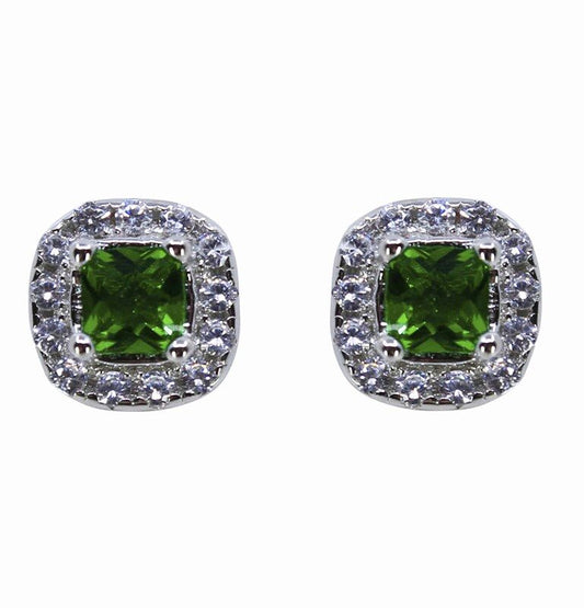 WHITE GOLD FINISH Square Cut Green Emerald With Created Diamond Stud Earrings