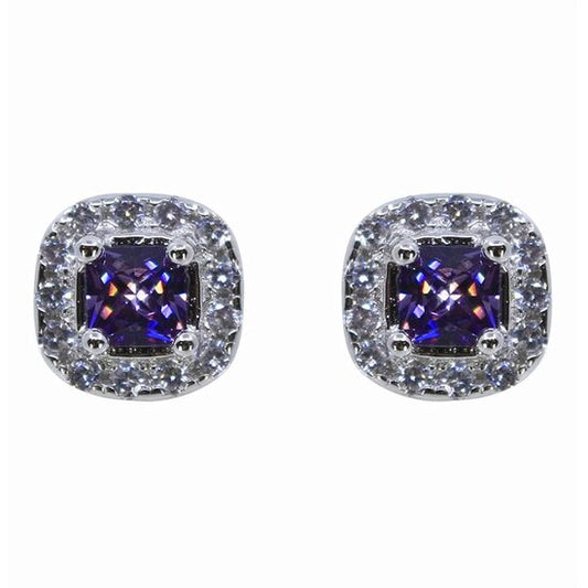 WHITE GOLD FINISH Square Cut Purple Amethyst and Created Diamond Stud Earrings