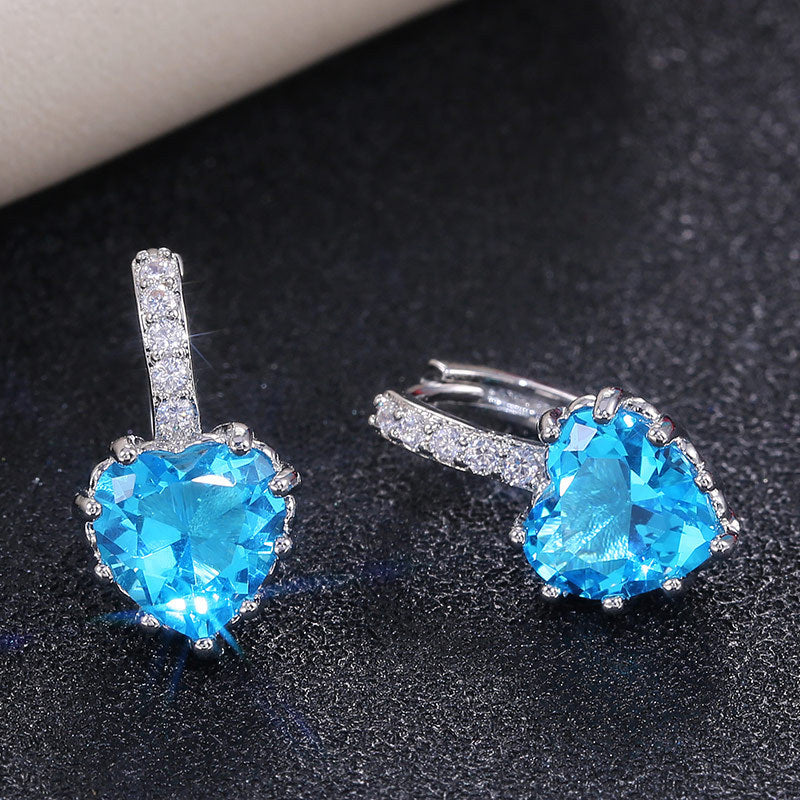 White Gold Plated Blue Topaz Heart Drop Earrings | Dangle Created Diamond Jewellery