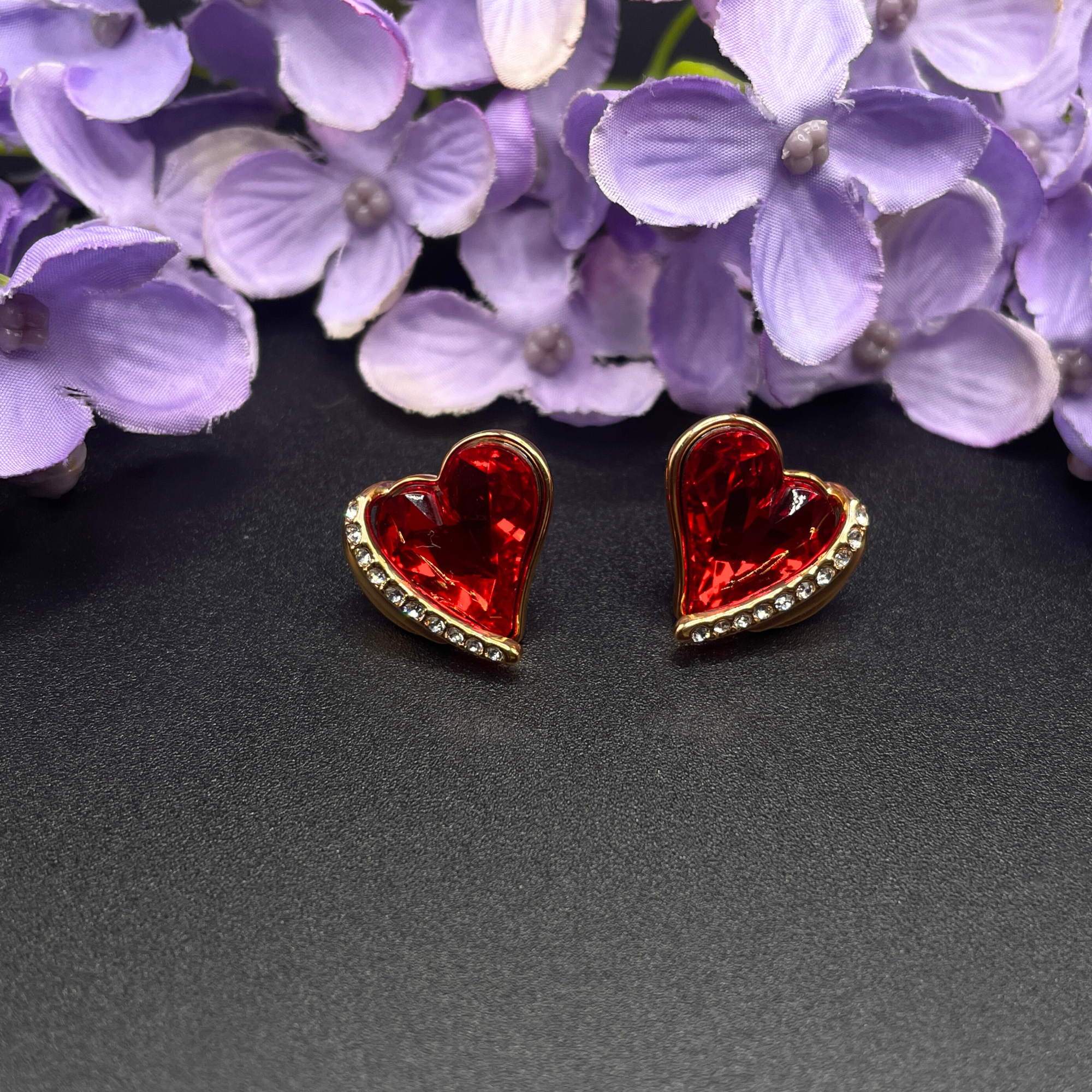 Rose Gold Finish Red Ruby Heart and Created Diamond Earrings Gift Box Included