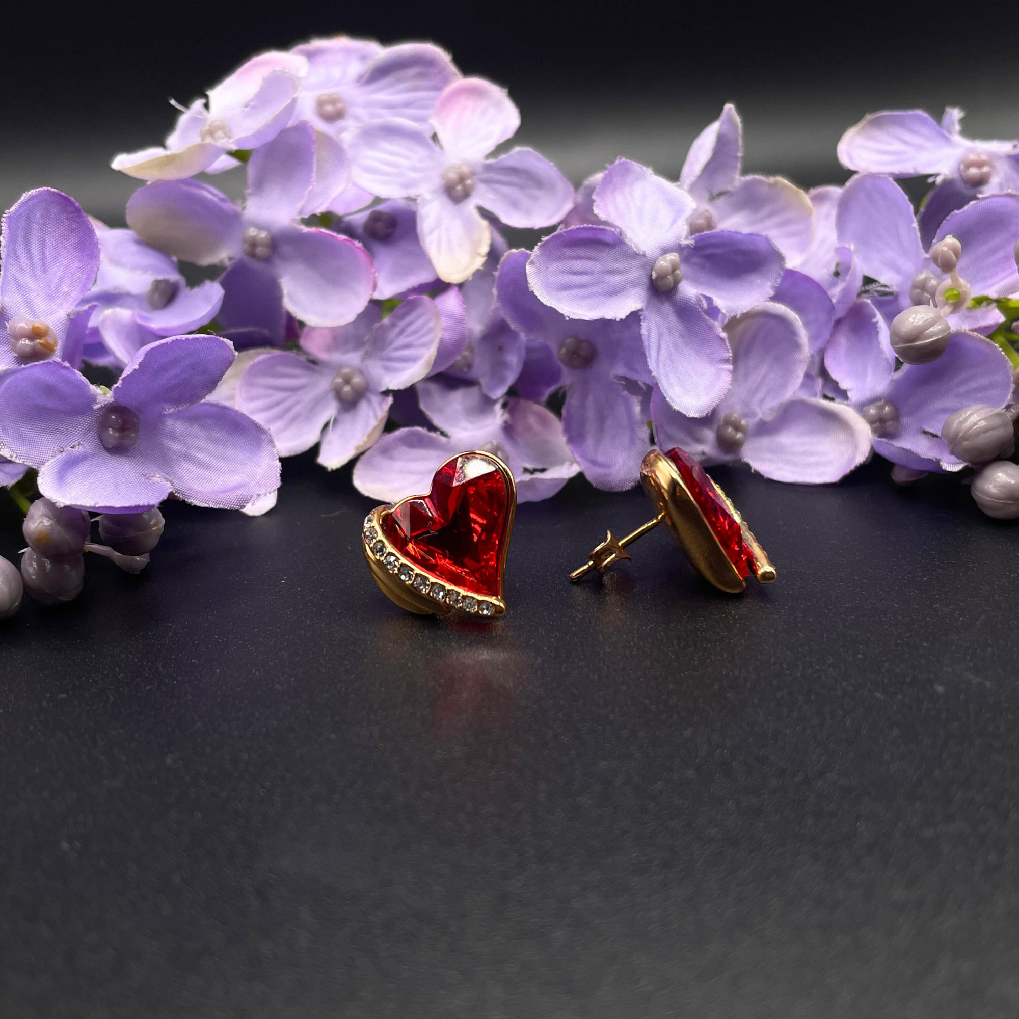 Rose Gold Finish Red Ruby Heart and Created Diamond Earrings Gift Box Included