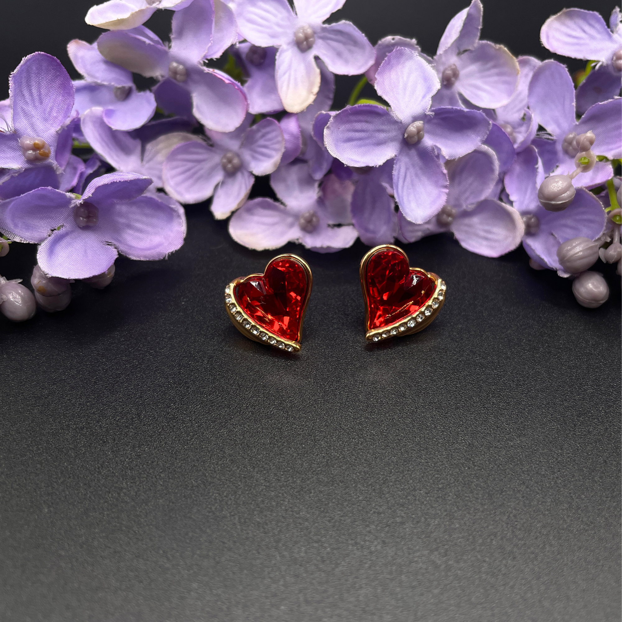 Rose Gold Finish Red Ruby Heart and Created Diamond Earrings Gift Box Included