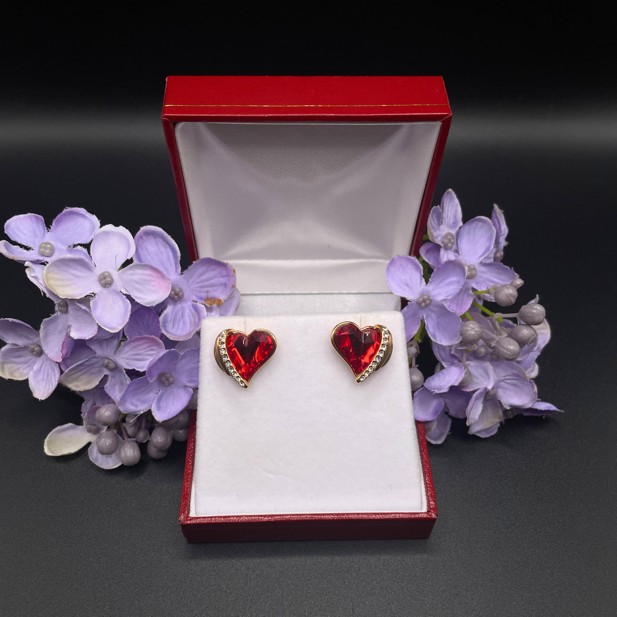 Rose Gold Finish Red Ruby Heart and Created Diamond Earrings Gift Box Included