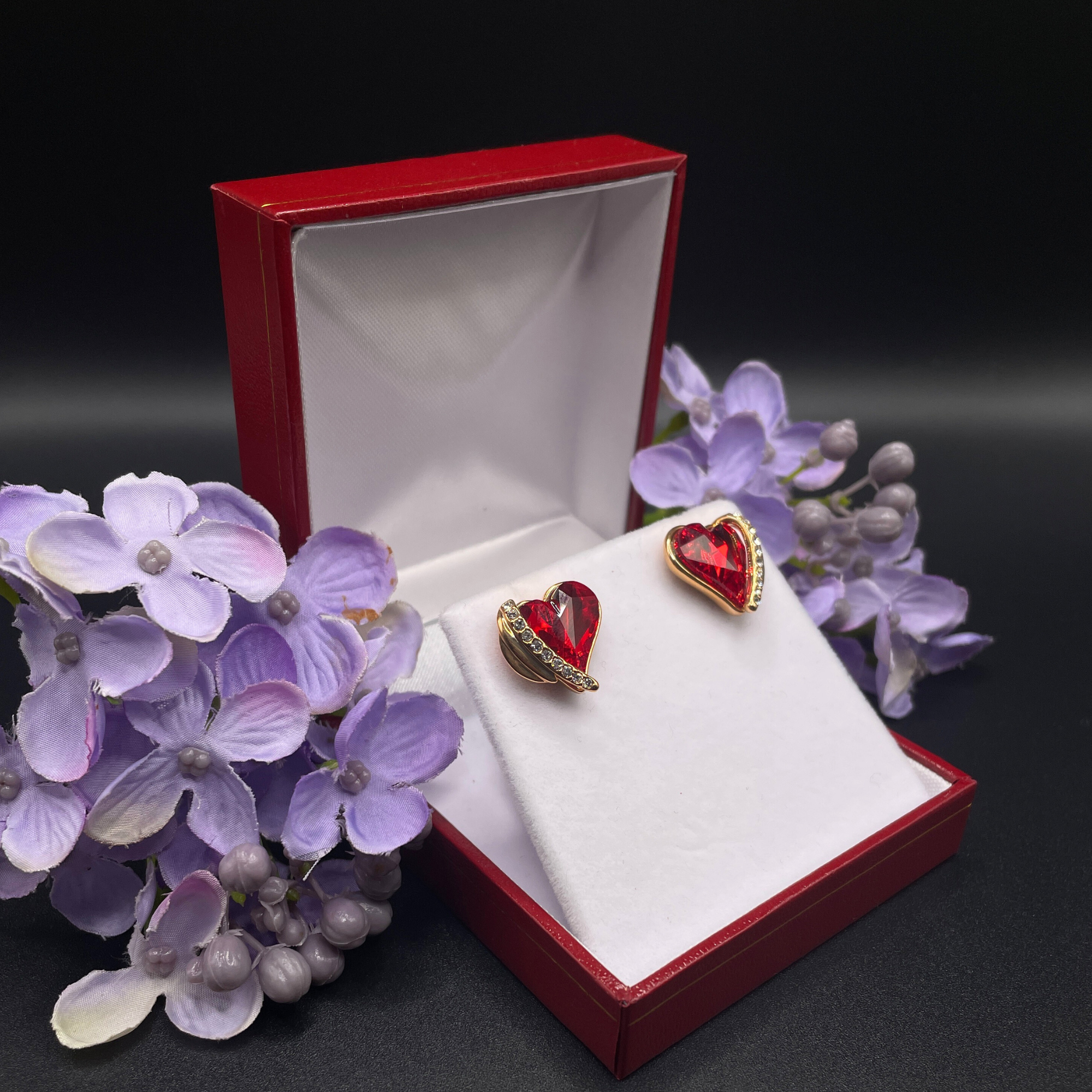 Rose Gold Finish Red Ruby Heart and Created Diamond Earrings Gift Box Included
