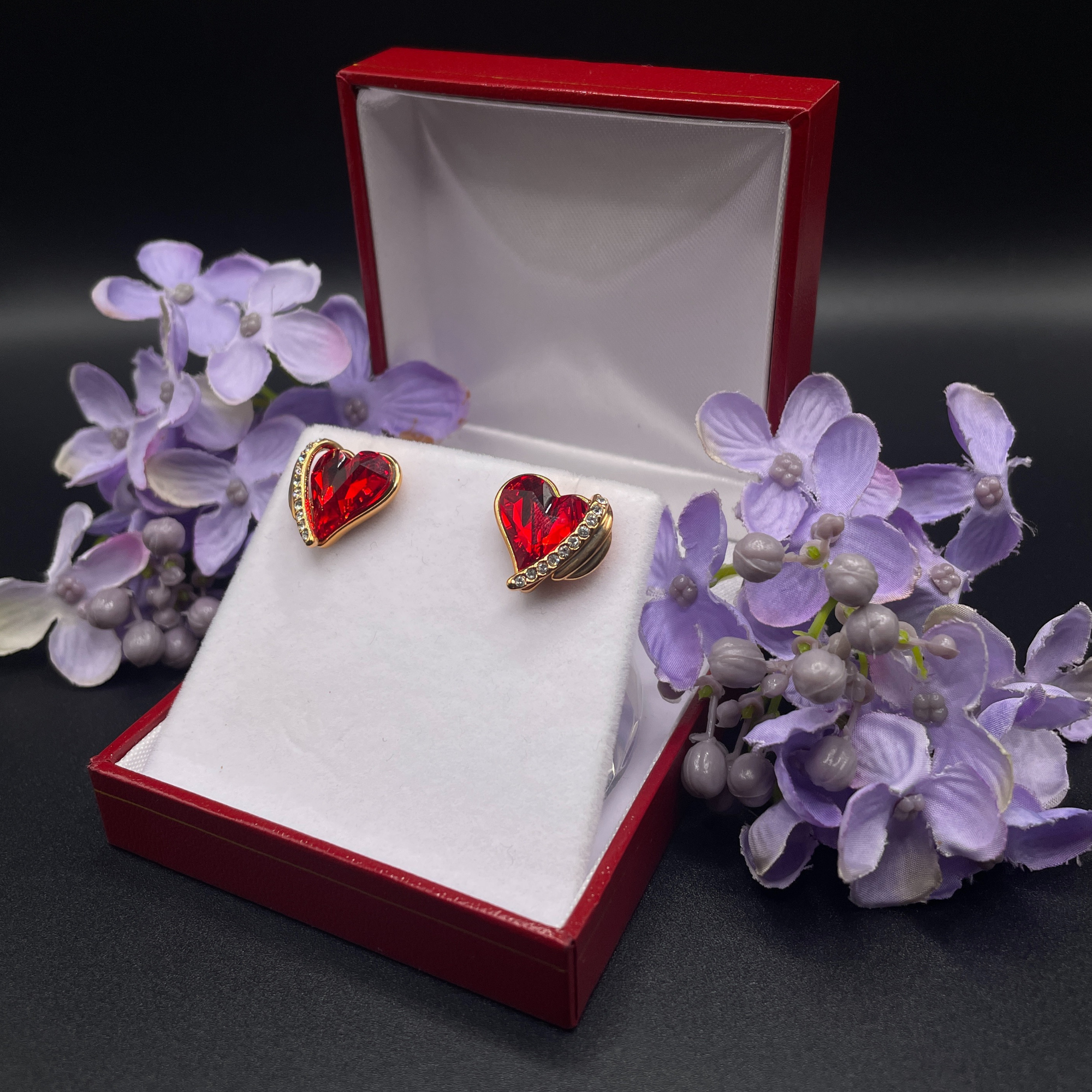 Rose Gold Finish Red Ruby Heart and Created Diamond Earrings Gift Box Included