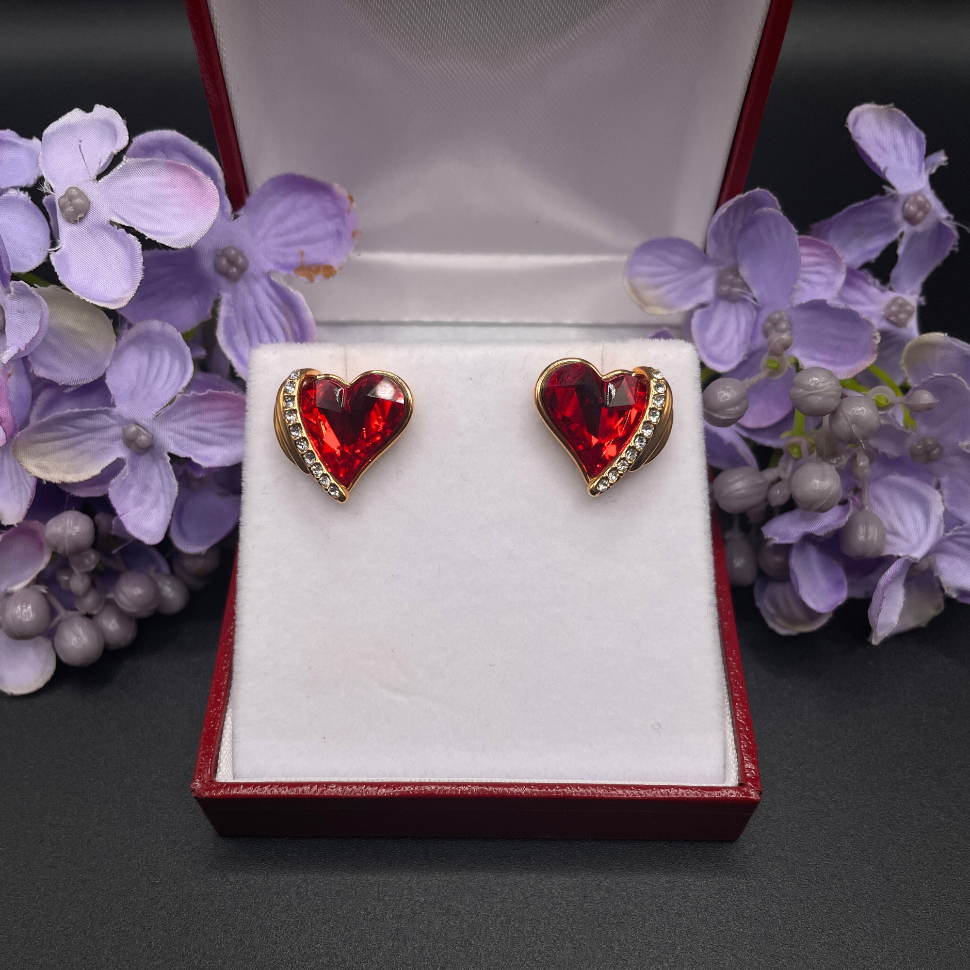 Rose Gold Finish Red Ruby Heart and Created Diamond Earrings Gift Box Included