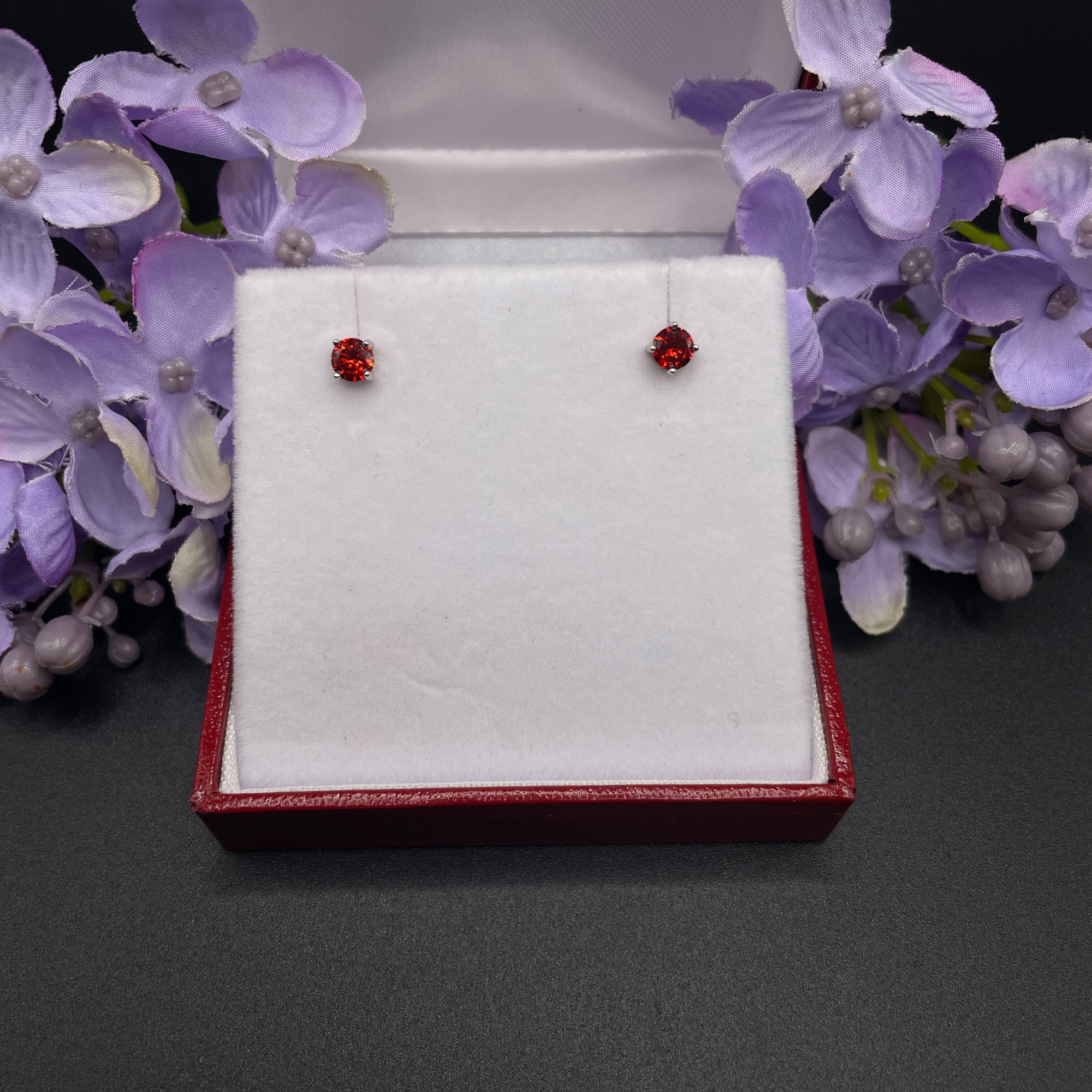 Round Cut Red Ruby Stud Earrings | White Gold Finish & Created Diamonds – Luxury Jewellery Gift