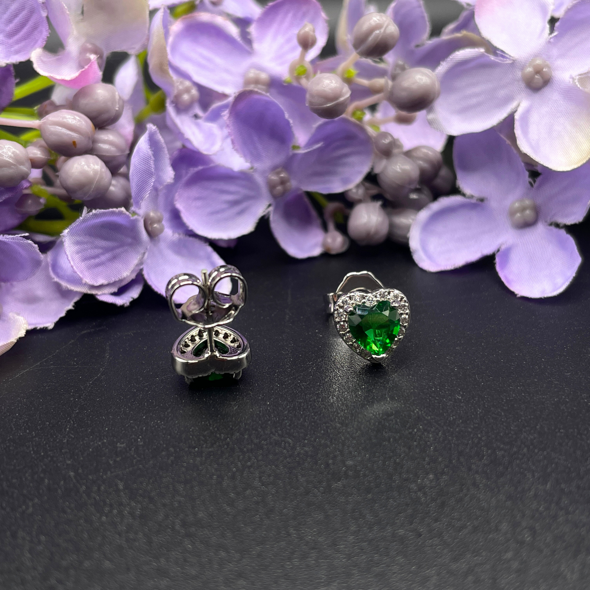 Green Emerald Heart Cut Stud Earrings | White Gold Finish & Created Diamonds – Luxury Jewellery Gift