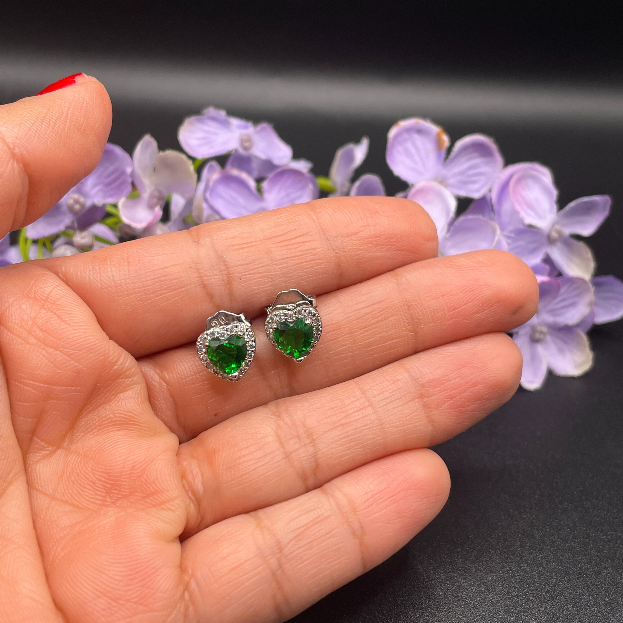 Green Emerald Heart Cut Stud Earrings | White Gold Finish & Created Diamonds – Luxury Jewellery Gift