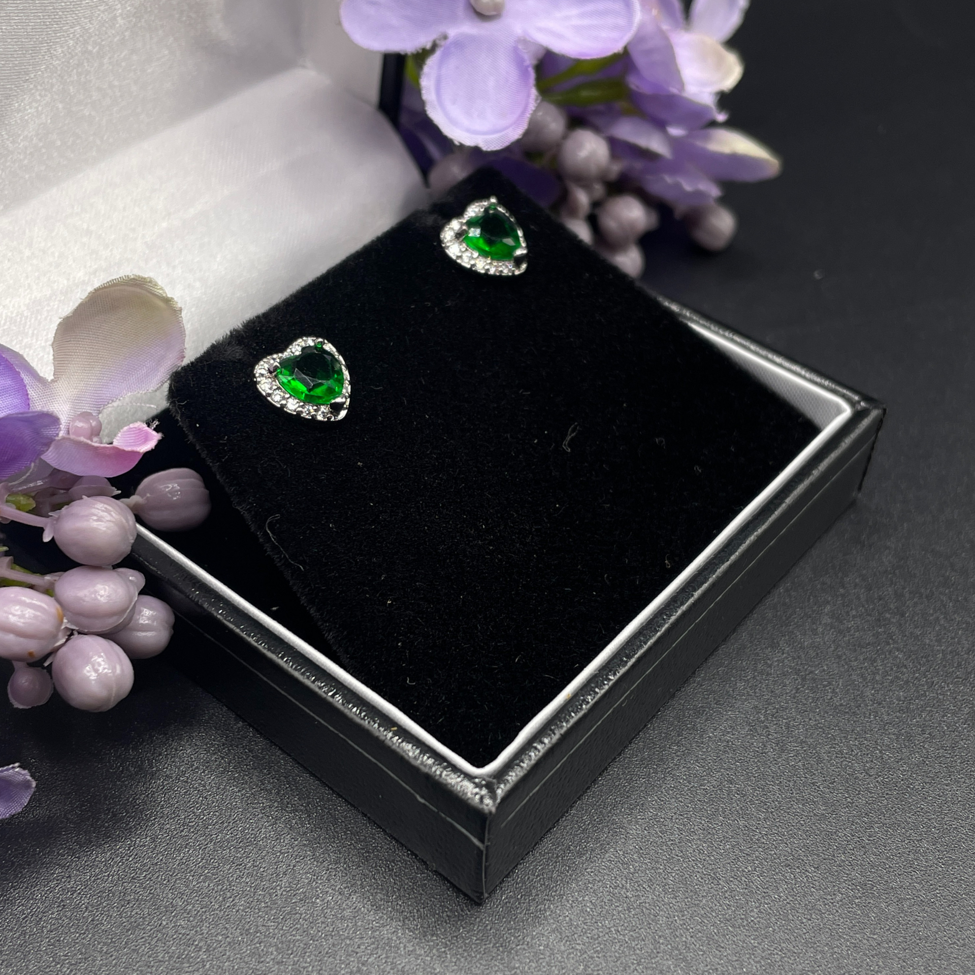 Green Emerald Heart Cut Stud Earrings | White Gold Finish & Created Diamonds – Luxury Jewellery Gift