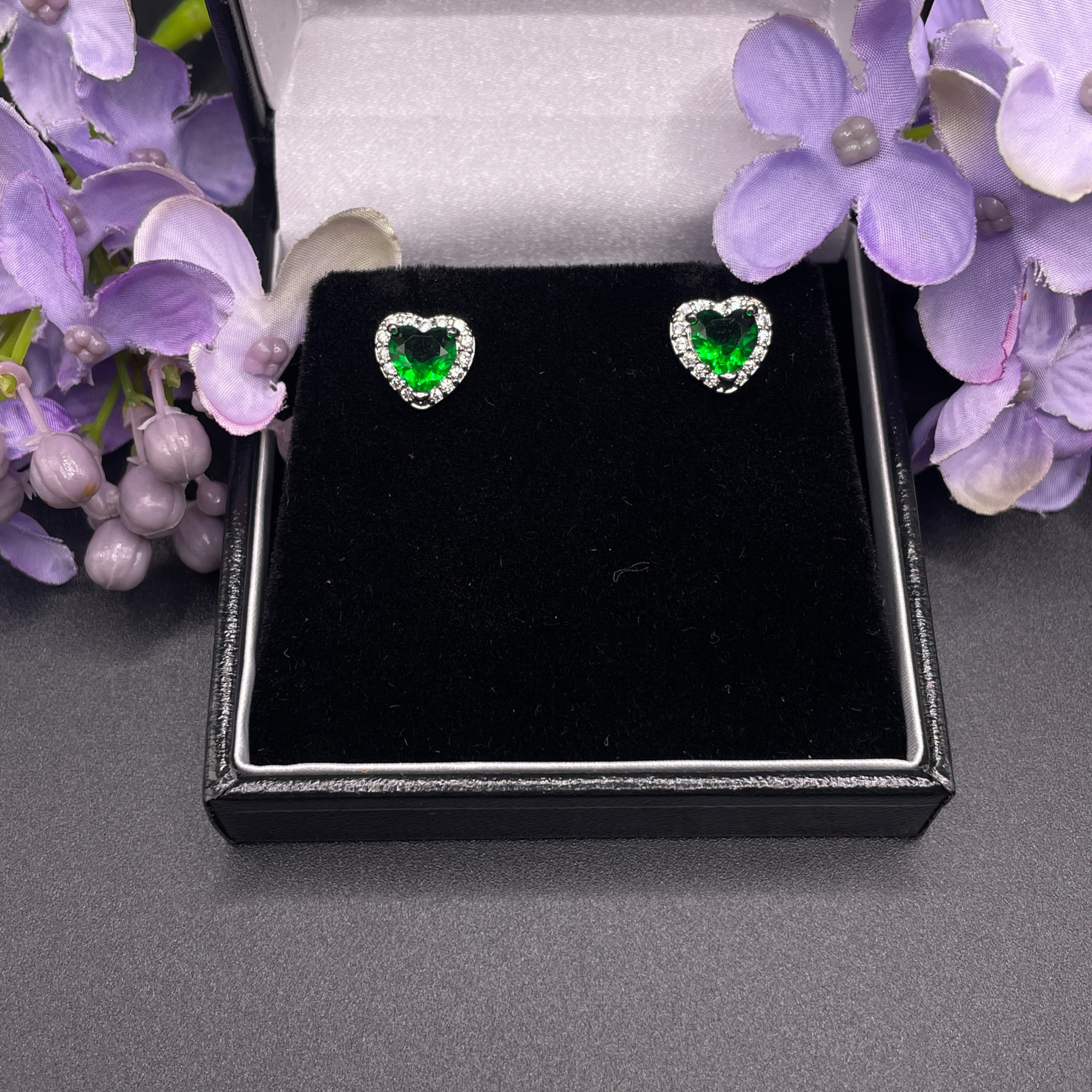 Green Emerald Heart Cut Stud Earrings | White Gold Finish & Created Diamonds – Luxury Jewellery Gift