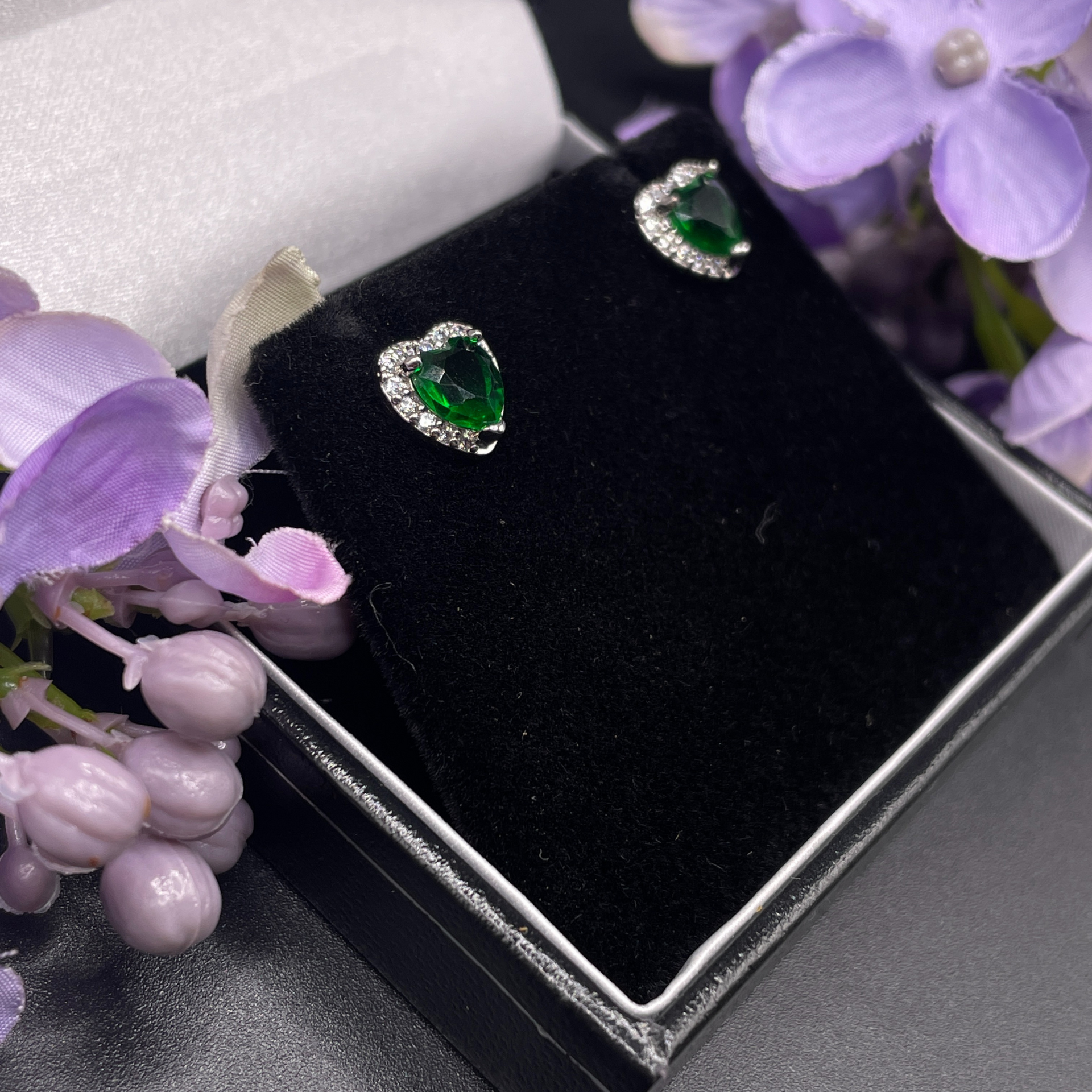 Green Emerald Heart Cut Stud Earrings | White Gold Finish & Created Diamonds – Luxury Jewellery Gift