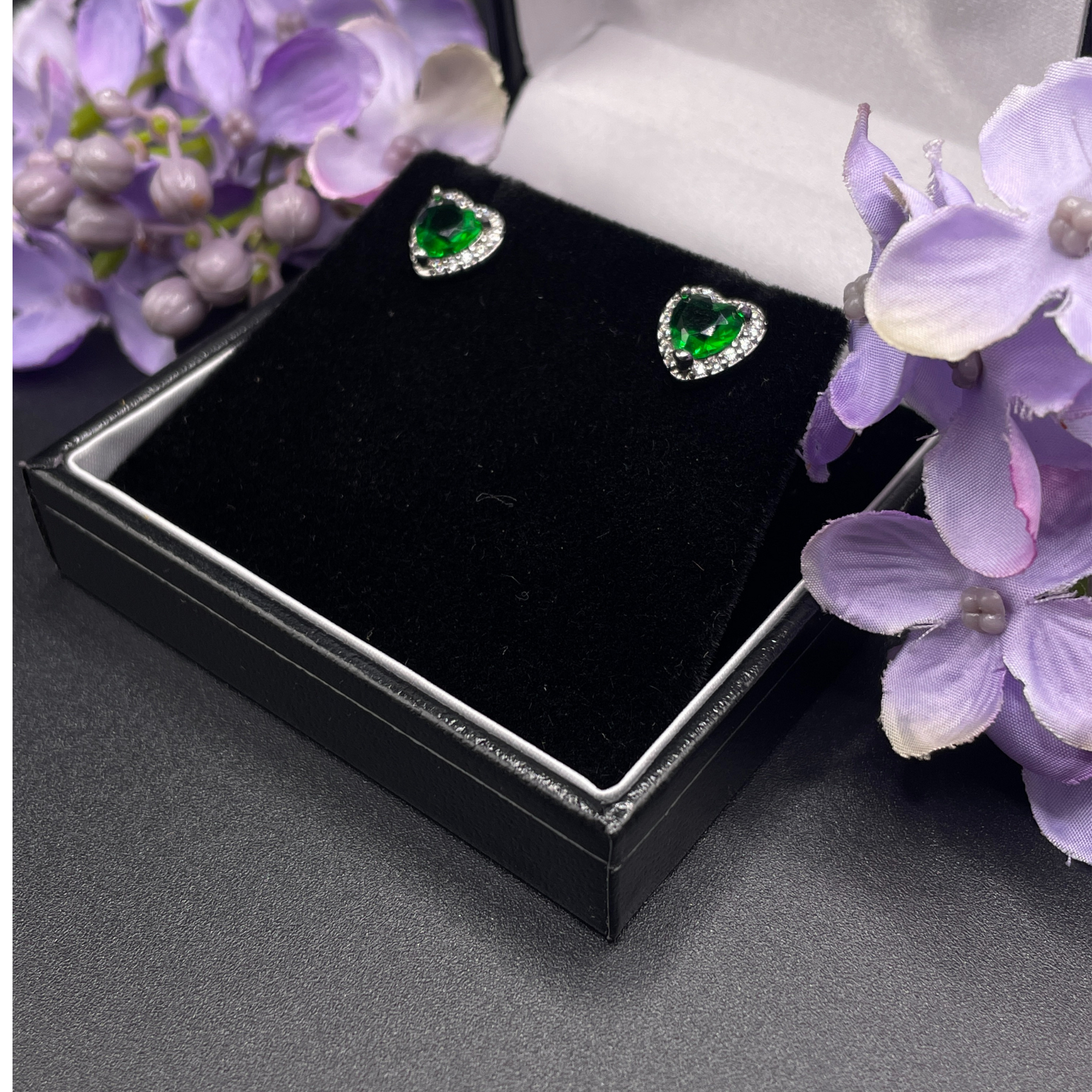 Green Emerald Heart Cut Stud Earrings | White Gold Finish & Created Diamonds – Luxury Jewellery Gift