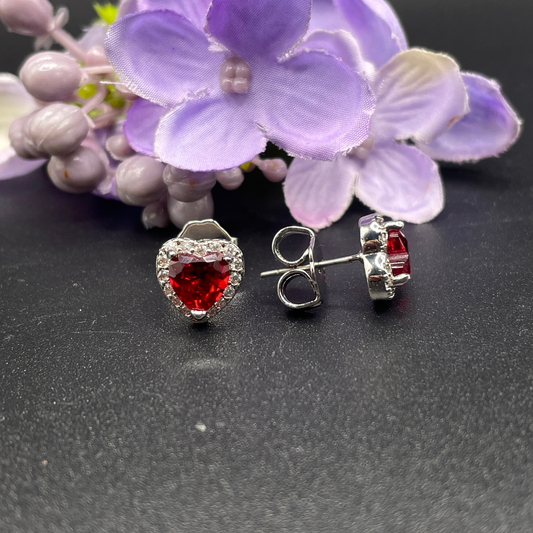 White Gold Finish Heart Cut Red Ruby & Created Diamond Stud Earrings – Luxury Jewellry - Gift for Her - Elegant - Sparkling - Fashion - Timeless + FREE Gift Box