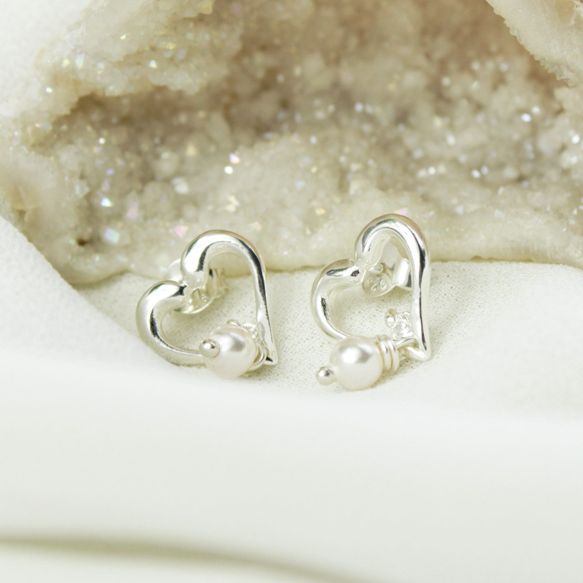 White Gold Finish Heart Design Pearl Stud Earrings