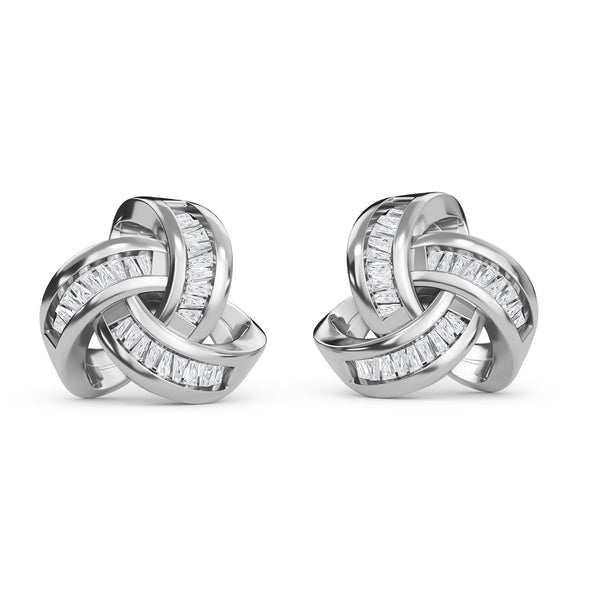 WHITE GOLD FINISH Baguette Cut Knot Design Natural Diamond Stud Earrings