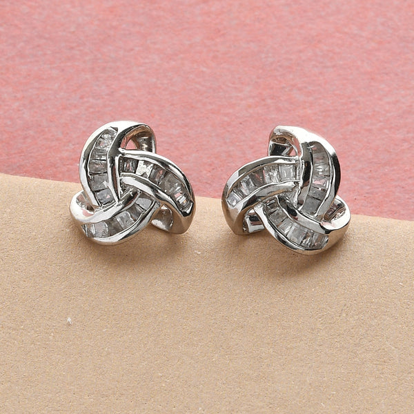 WHITE GOLD FINISH Baguette Cut Knot Design Natural Diamond Stud Earrings