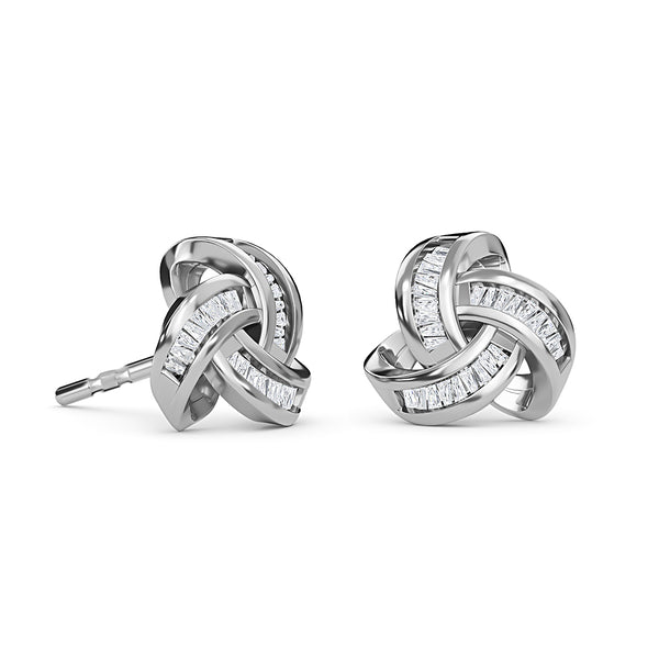 WHITE GOLD FINISH Baguette Cut Knot Design Natural Diamond Stud Earrings