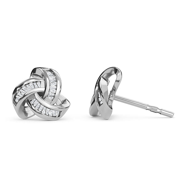 WHITE GOLD FINISH Baguette Cut Knot Design Natural Diamond Stud Earrings