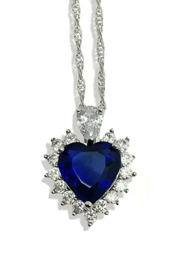 White gold finish Heart Sapphire And Created diamond Necklace Pendant Gift Box