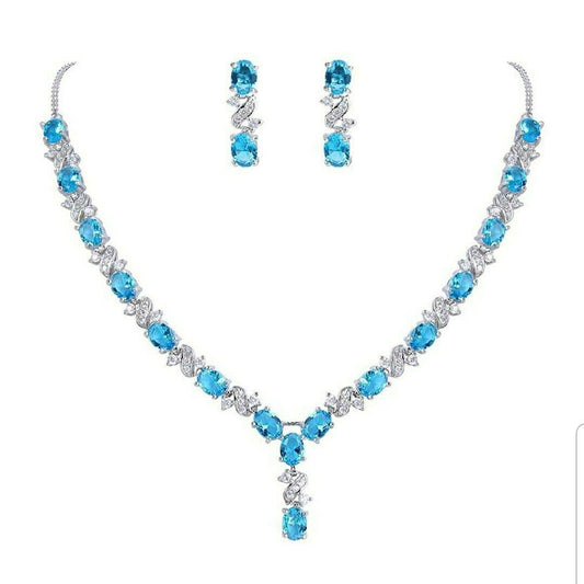 White Gold Finish love and kisses blue turquoise created diamond necklace set