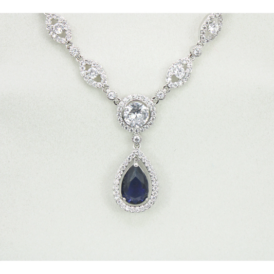 WHITE GOLD FINISH Marquise Cut Created Diamond Design With Pear Cut Blue Sapphire Pendant Necklace