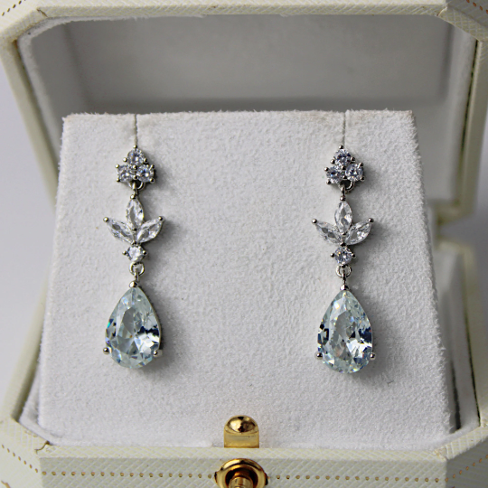 WHITE GOLD FINISH Marquise Pear Cut Created Diamond Clear Dangle Earrings