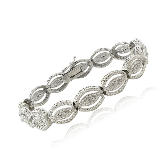 White Gold Finish Natural Diamond Filigree Design Tennis Bracelet With Gift Box