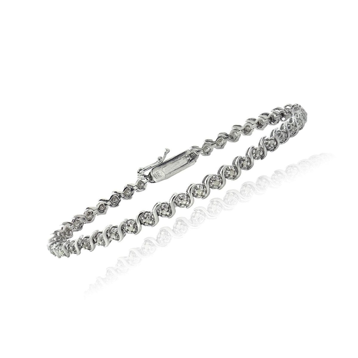 White Gold Finish Natural Diamond Small S Design Tennis Bracelet With Gift Box