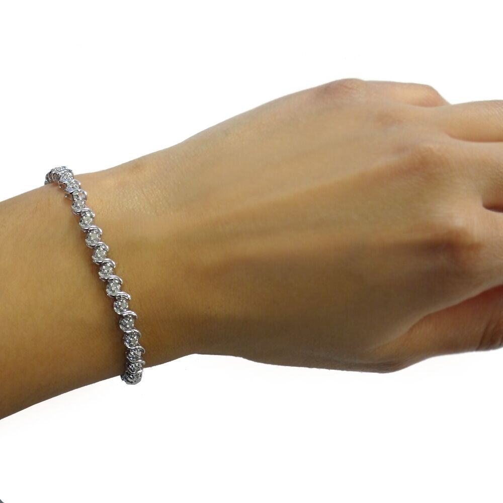 White Gold Finish Natural Diamond Small S Design Tennis Bracelet With Gift Box