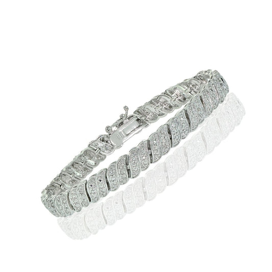 White Gold Finish Natural Diamond Wave Link Design Tennis Bracelet With Gift Box