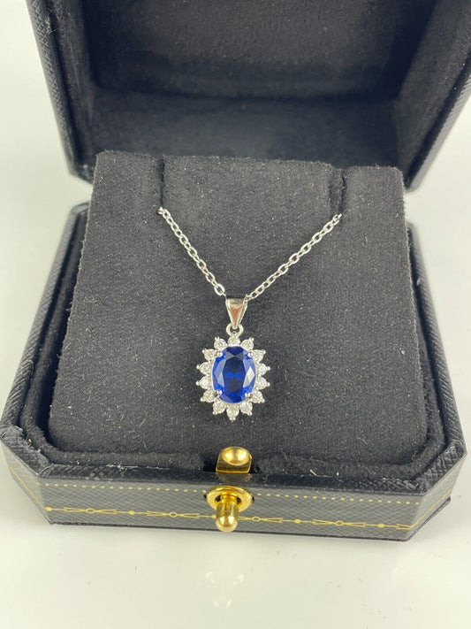 WHITE GOLD FINISH Oval Cut Blue Sapphire With Created Diamond Pendant Necklace