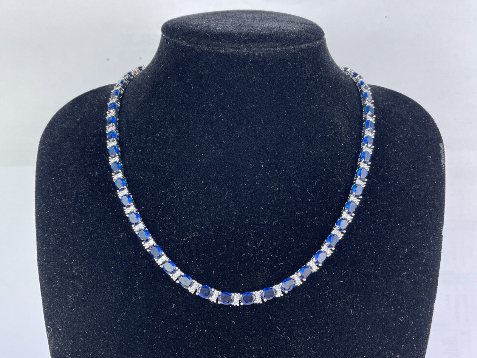 WHITE GOLD FINISH Oval Cut Blue Sapphire With Round Cut Created Diamond Necklace