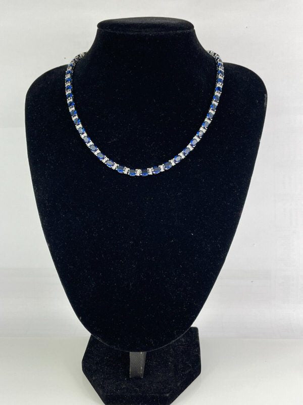 WHITE GOLD FINISH Oval Cut Blue Sapphire With Round Cut Created Diamond Necklace