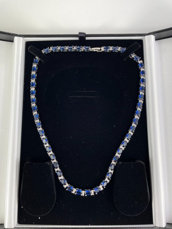 WHITE GOLD FINISH Oval Cut Blue Sapphire With Round Cut Created Diamond Necklace