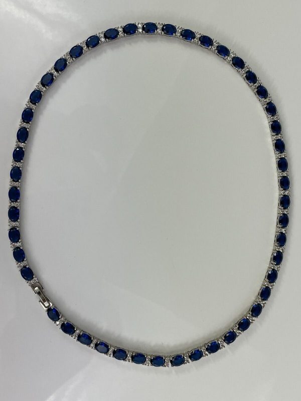 WHITE GOLD FINISH Oval Cut Blue Sapphire With Round Cut Created Diamond Necklace