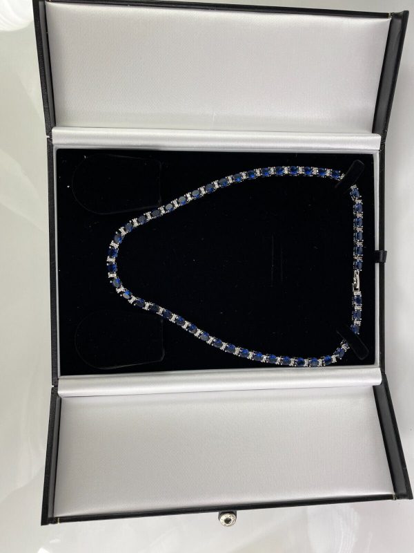 WHITE GOLD FINISH Oval Cut Blue Sapphire With Round Cut Created Diamond Necklace