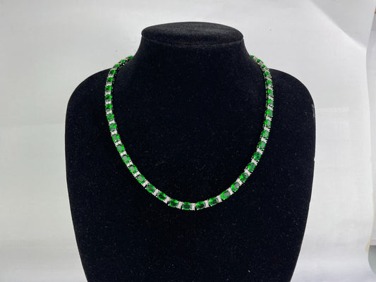 WHITE GOLD FINISH Oval Cut Green Emerald With Round Cut Created Diamond Necklace