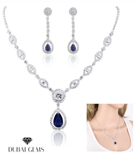 White Gold Finish Pear Cut Blue Sapphire and Created Diamond Necklace Earrings set