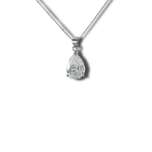 WHITE GOLD FINISH Pear Cut Created Diamond 4 Claw Pendant Necklace