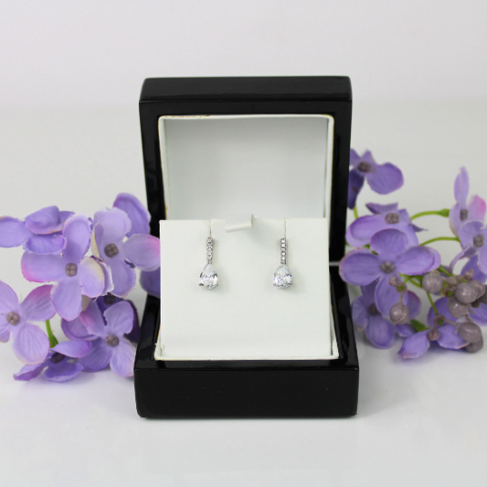 WHITE GOLD FINISH Pear Cut Created Diamond Dangle Stud Earrings