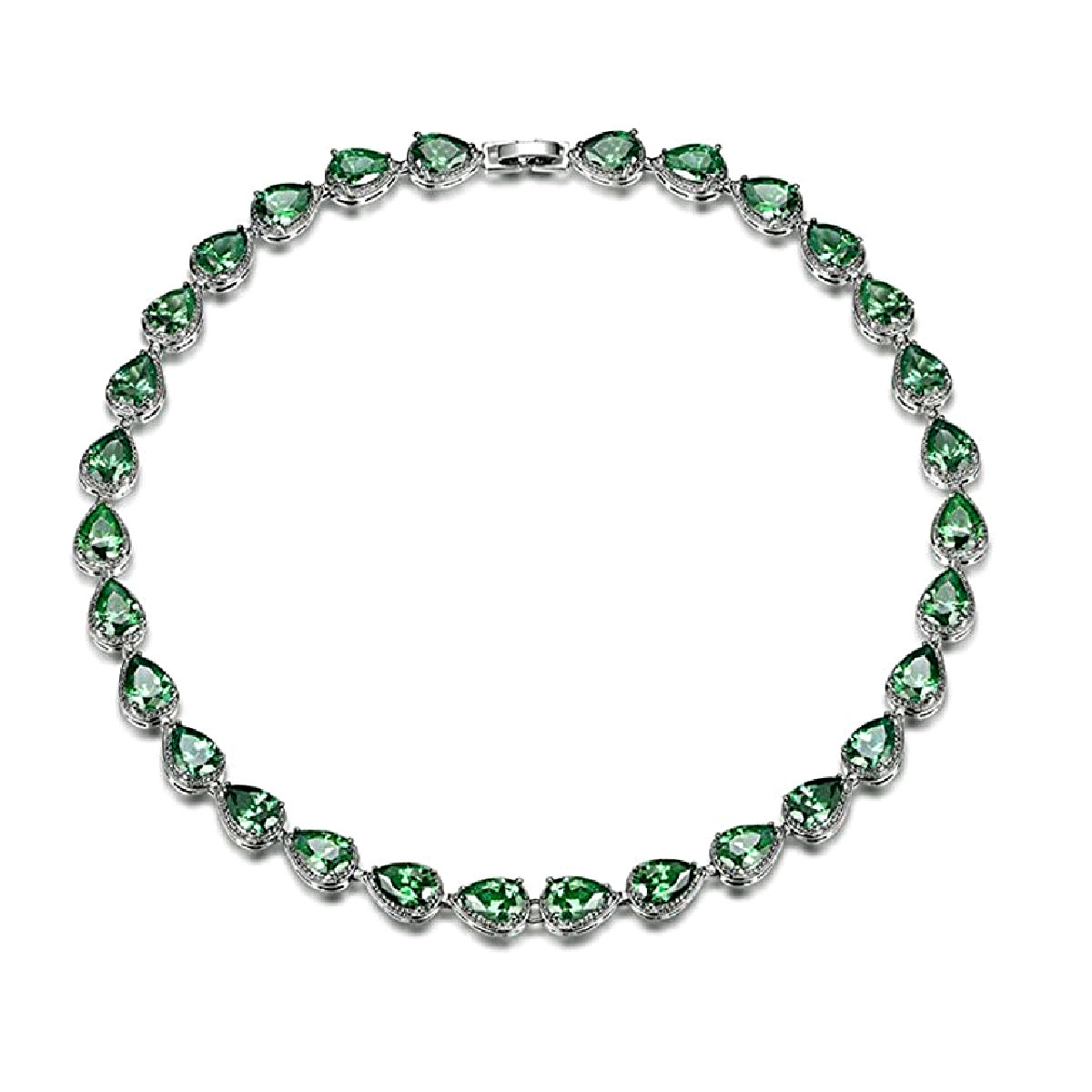 White Gold Finish pear cut green emerald and created diamond necklace