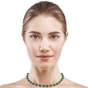 White Gold Finish pear cut green emerald and created diamond necklace