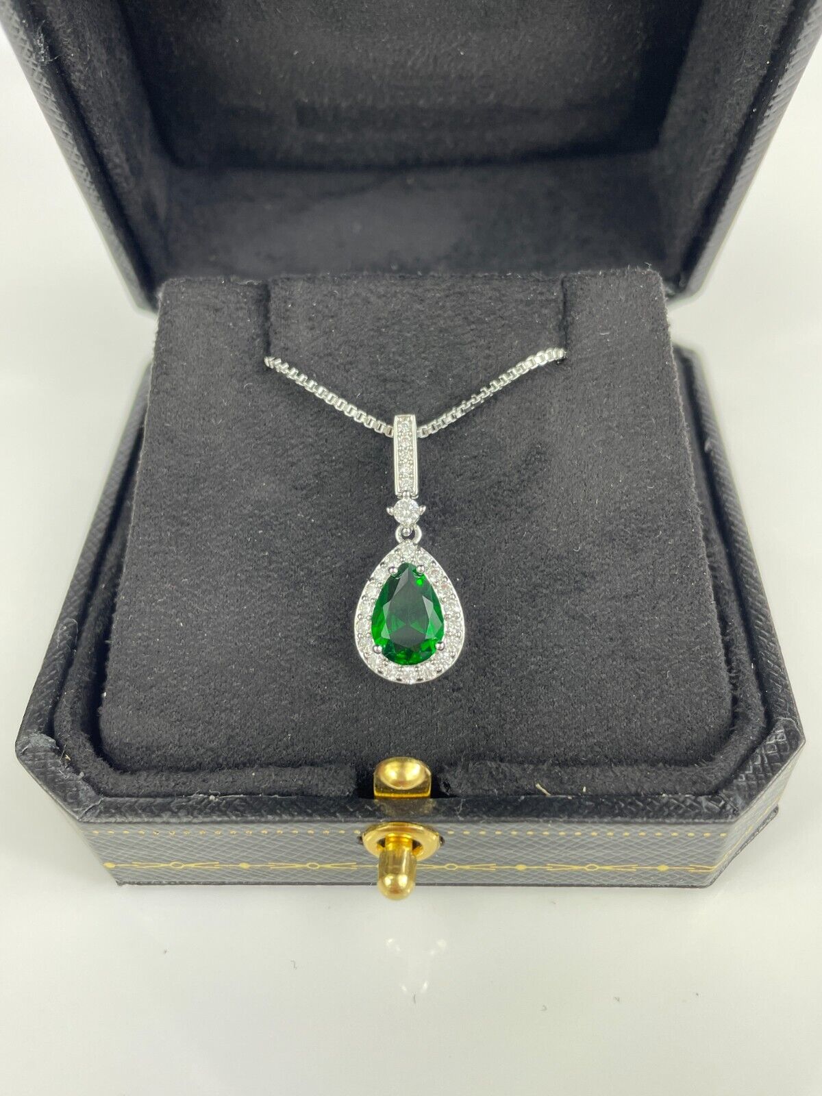 WHITE GOLD FINISH Pear Cut Green Emerald With Created Diamond Pendant Necklace