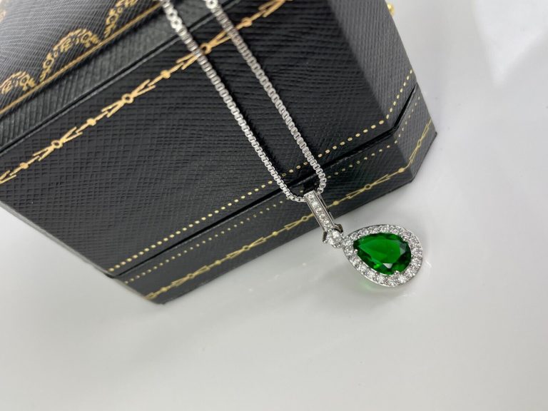 WHITE GOLD FINISH Pear Cut Green Emerald With Created Diamond Pendant Necklace