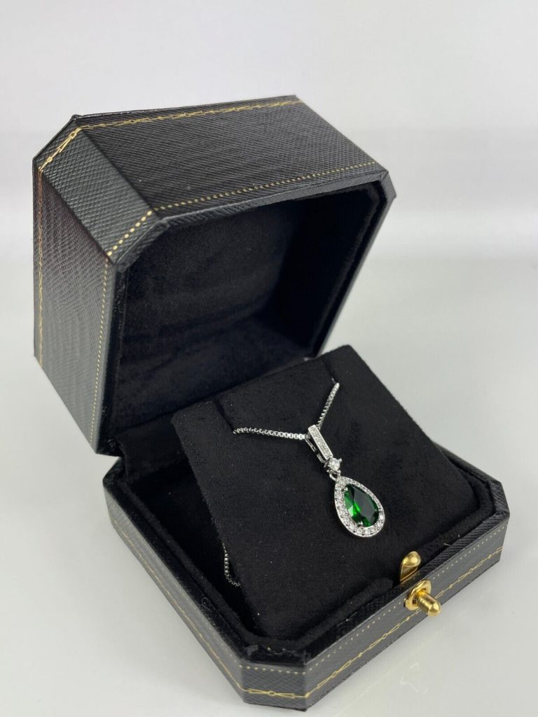 WHITE GOLD FINISH Pear Cut Green Emerald With Created Diamond Pendant Necklace